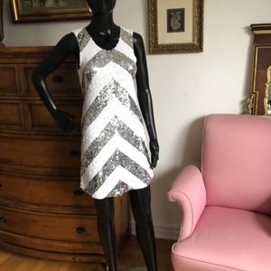 Alice + Olivia Silver & White Sequin Chevron Dress